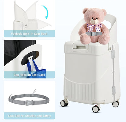 22" Ride On Luggage with Seat for Kids & Adults, Lightweight Hardside Ride-On Suitcase with Front Opening, TSA Lock, 360° Spinner Wheels (Matte White, 22-inch)