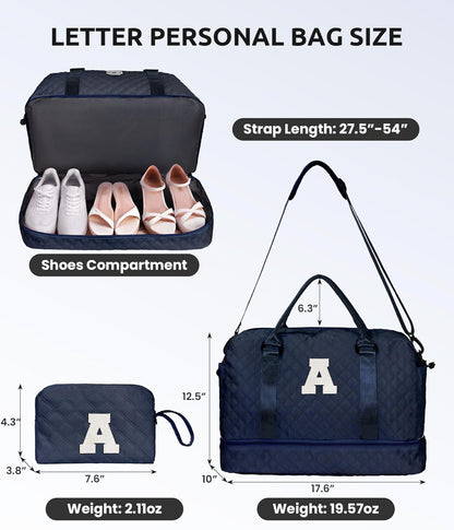 Initial Duffle with Shoe Compartment, Personalized Weekender Bag with Shoulder Strap, Overnight Travel Bag with Makeup Pouch for Women (Letter E)