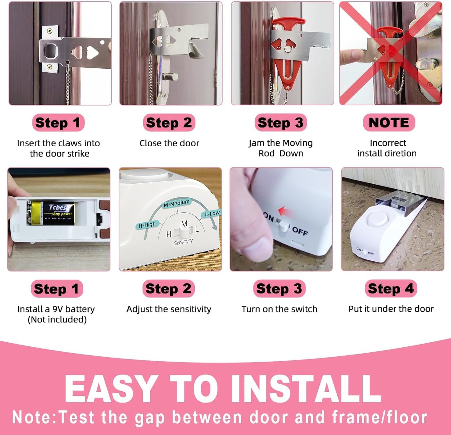 Portable Door Stop Alarm, No Installation Required, Provides Security for Home, Hotel and Traveling(2 Pack Door Stop)