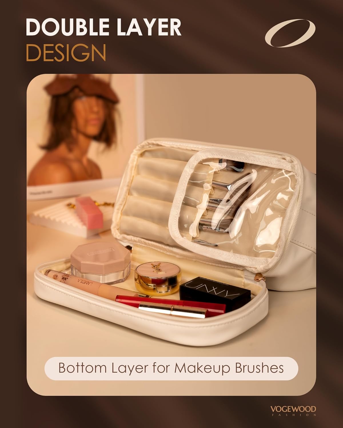 Gifts for Teenage Girls, Personalized Makeup Bag with Handle, Initial Double Layer Cosmetic Bag with Makeup Brush Organizer, Cute Cosmetic Pouch for Women, Gifts for Friend Female Mom