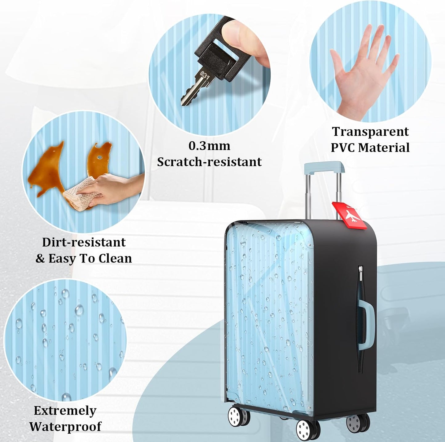 Upgraded Transparent TPU Luggage Cover Protector with Black Stretchable Sides, Fit 24 Inch Wheeled Case TSA Approved, Waterproof & Anti-Scratch, Includes Free Red Luggage Tag