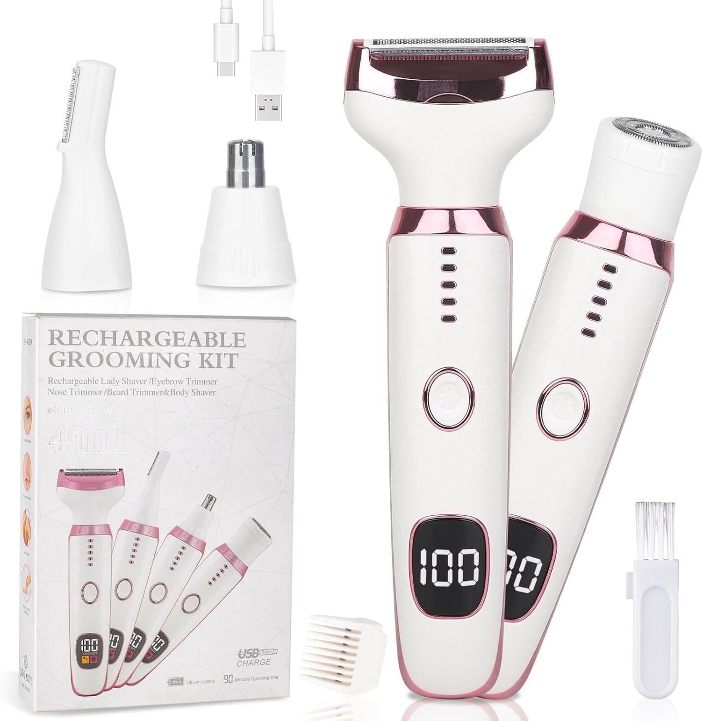 Electric Razors LED Display for Women Men, 2025 Wet/Dry Lady Shaver,4 in 1 Cordless Hair Remover with IPX7 Waterproof,Smooth & Silky Portable Bikini Electric Grooming Set (Pink & White)