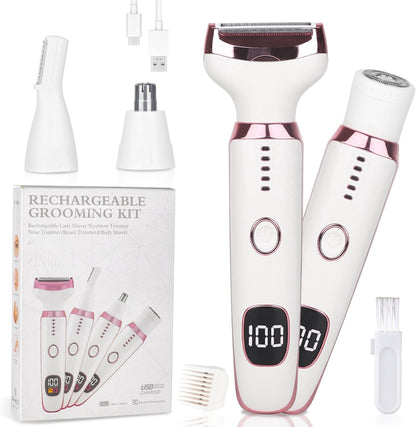 Electric Razors LED Display for Women Men, 2025 Wet/Dry Lady Shaver,4 in 1 Cordless Hair Remover with IPX7 Waterproof,Smooth & Silky Portable Bikini Electric Grooming Set (Pink & White)