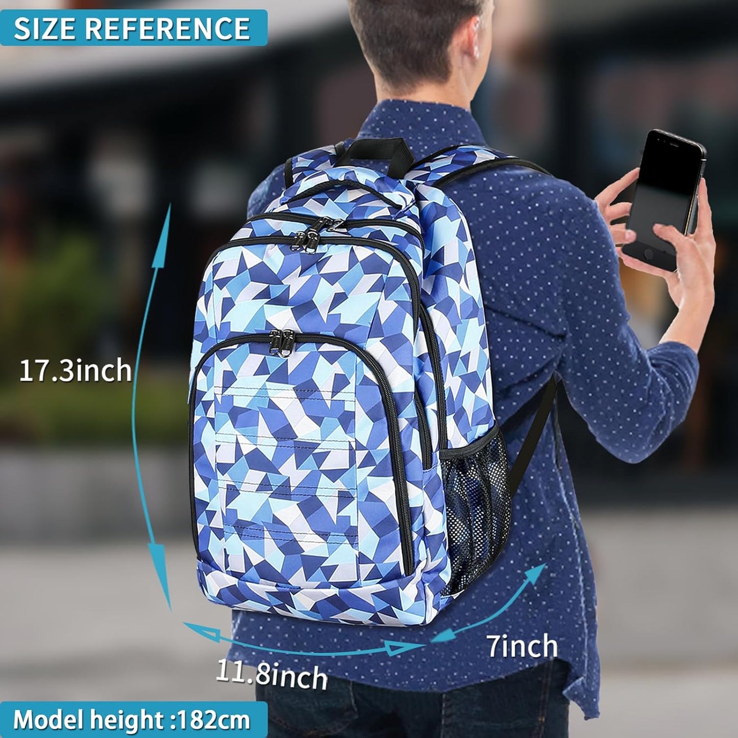 Della Gao College Laptop Backpack with Pencil Case, Digital Check Pattern Travel Backpack for Men, Waterproof Computer Back Pack for Travel, Business, Work, College (Blue-RH, 15.6 Inch)