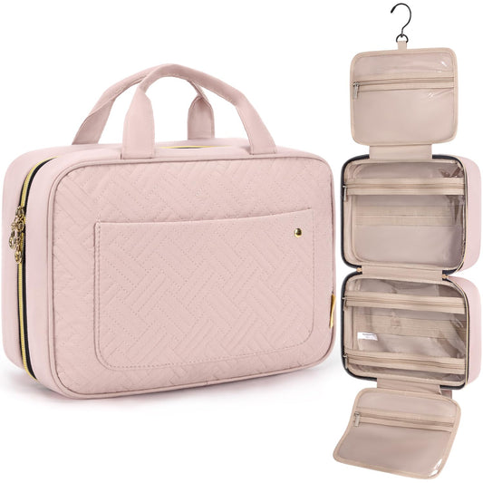BAGSMART Toiletry Bag Travel Bag with Hanging Hook, Water-resistant Makeup Cosmetic Bag Travel Organizer for Accessories, Shampoo, Full-size Container, Toiletries (Light Pink, Medium)