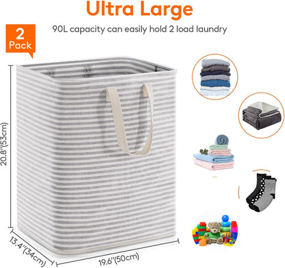Lifewit 2 Pack Laundry Hamper Large Collapsible Laundry Baskets, Freestanding Waterproof Clothes Hamper with Easy Carry Handles in Laundry Room Bedroom Bathroom College Dorm for Adults, Grey, 2 x 90L