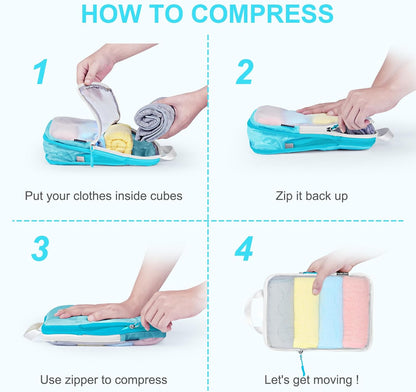 Lightweight Compression Packing Cubes for Suitcases, Compressible Expandable Travel Packing Organizer with Clear Toiletries and Backpack Bag, Travel Essentials for Carry on Luggage 7 Set