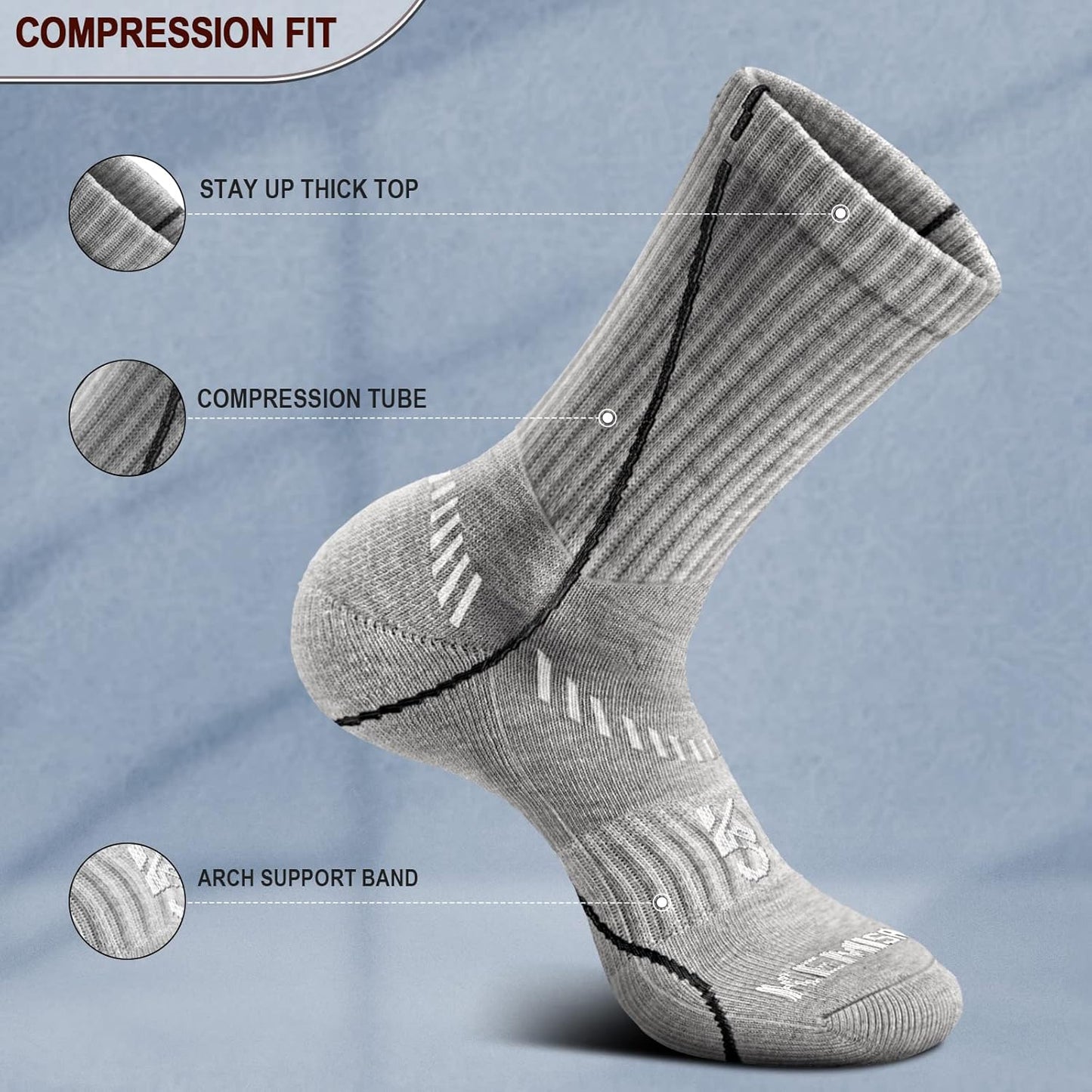 BULLIANT Compression Socks for Men 6Pairs, Athletic Crew Socks Cushioned For Men Sports Running-Arch Support