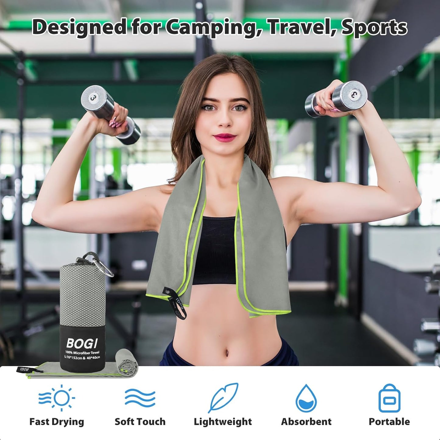 BOGI Microfiber Travel Sports Towel-Quick Dry Towel, Soft Lightweight Microfiber Camping Towel Absorbent Compact Travel Towel for Camping Gym Beach Yoga Swimming Backpacking (S:16''x32'',2Pcs-Grey)