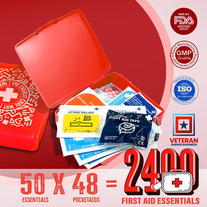 EVERLIT Pocket-Aid Mini First Aid Kit | Compact, Portable Hard-Shell Cases of 50 Items | Cuts, Scrapes, Wound Care Essentials for Travel, Outdoor, School, Camping, Home, Office (48 Packs | 2400 Pcs)