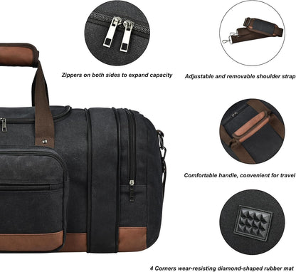 Litvyak Duffle Bag for Travel, 50L Canvas Travel Duffel Bags Overnight Weekend Gym Carry On Luggage Bag for Men & Women(Black+Toiletry Bag)