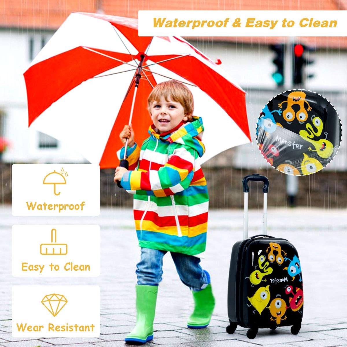 HONEY JOY Kids Luggage, 12" Toddler Backpack & 16" Travel Suitcase with Wheels, Lightweight Toddler Girls Suitcase, Durable ABS Hardshell, 2Pcs Carry On Luggage Set for Boys Girls, Black Monster