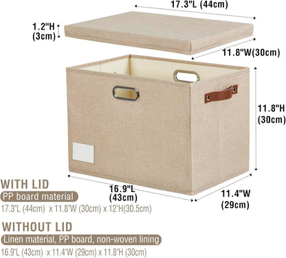 17" Large Collapsible Storage Bins with Lids, Stackable Closet Organizers with PU Handle and Labels, 3-Pack Decorative Fabric Storage Boxes for Home, Bedroom, Closet, Office, Nursery(Khaki)
