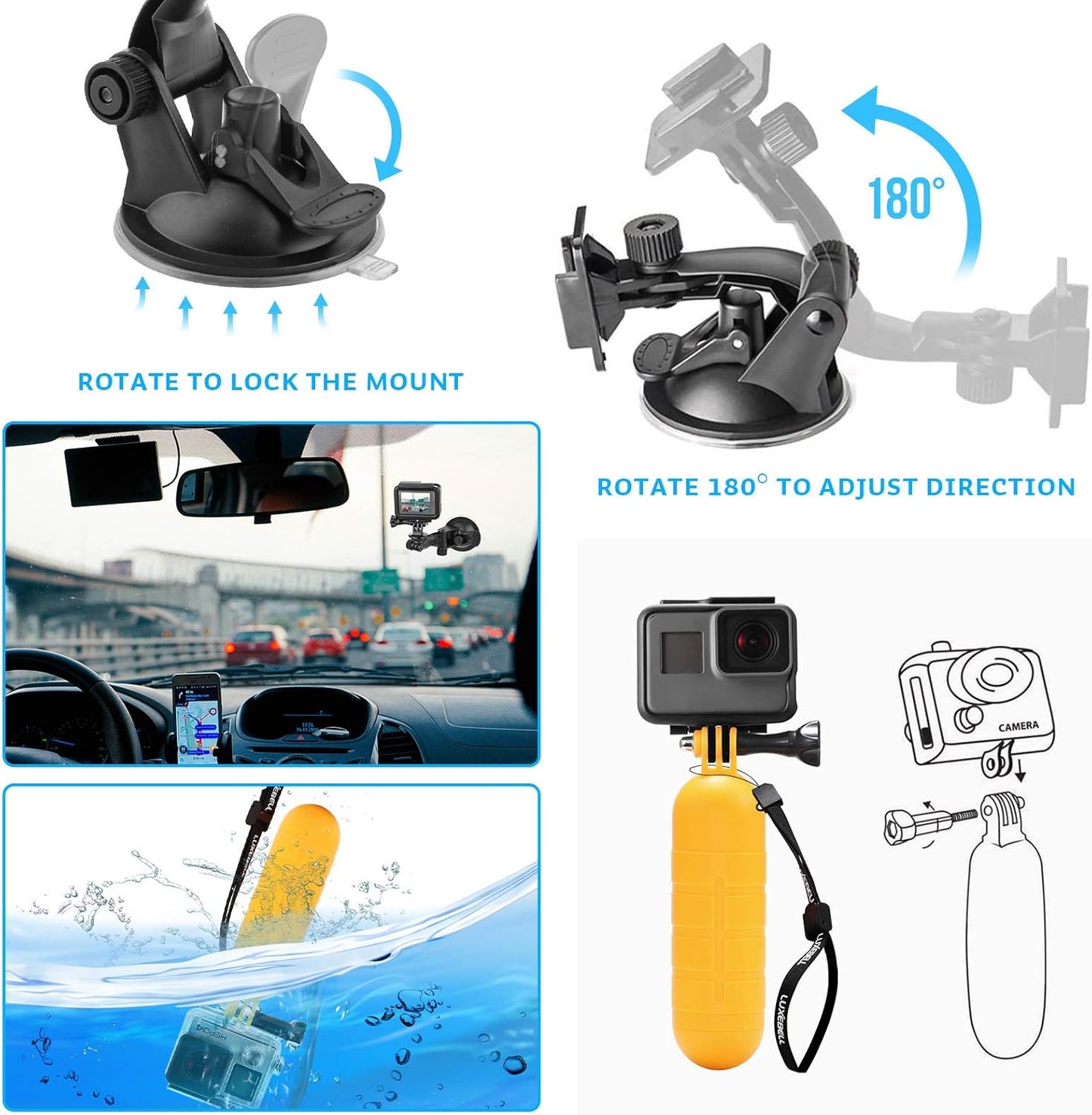 Luxebell Accessories Kit for AKASO EK5000 EK7000 4K WiFi Action Camera GoPro Hero 12 11 10 9 8 7 6 5/Session 5/Hero 4/3+/3/2/1 Max Fusion SJ4000 SJ5000 (14-in-1)