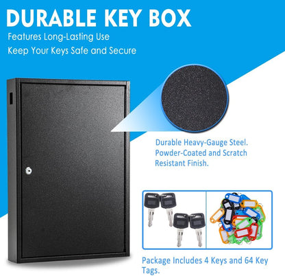 UMEKEN Key Box Wall Mount 64 Position Metal Valet Key Cabinet Lock Box with Key Tags, Key Holder Lockbox Key Organizer Safe Storage Locker Box, Black