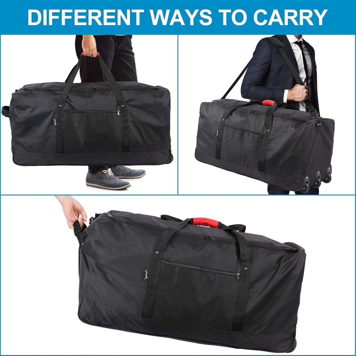 Finnhomy 120L Foldable Rolling Duffel Bag with 3 Wheels, Light Weight Travel Duffel bag with Large Loading Capacity, 32 inch Rolling Duffel bag with Shoulder Strap for Travel Camping Sports