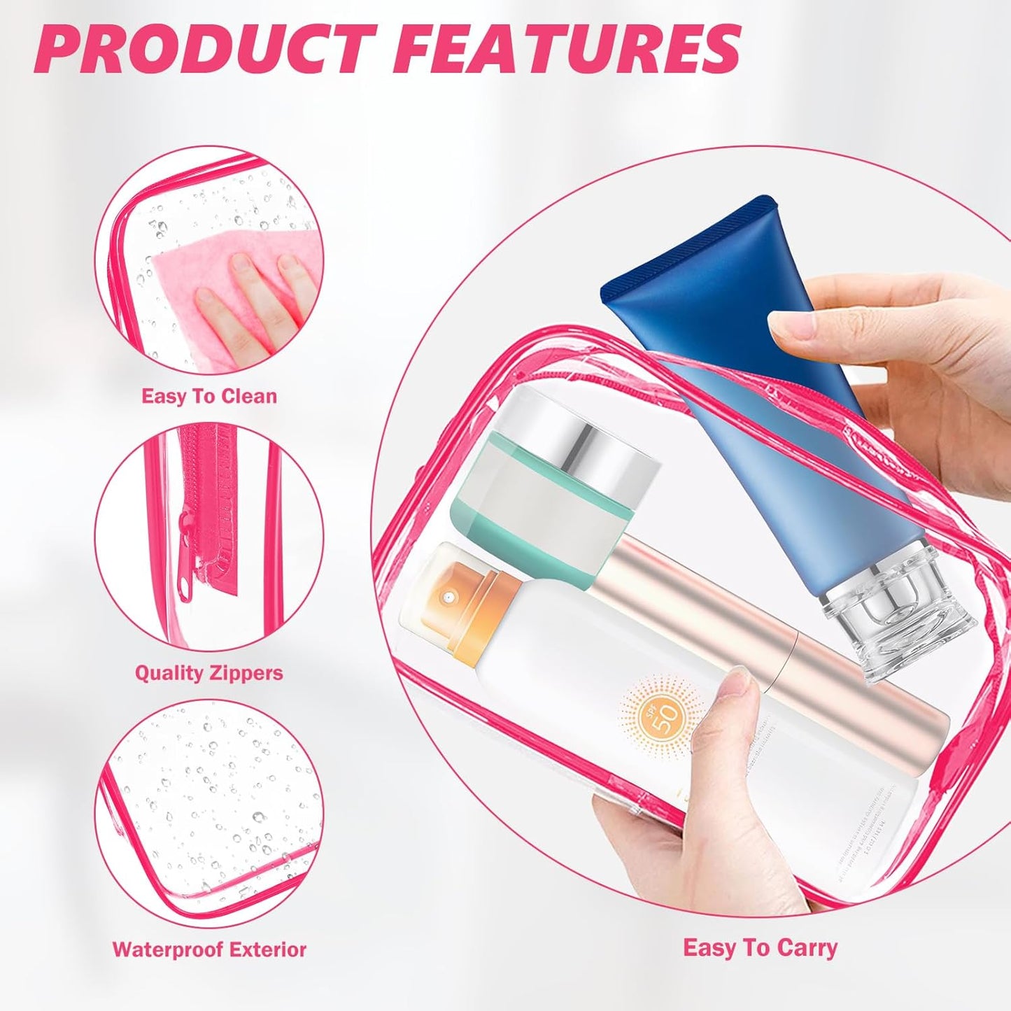 AURUZA 6 Pack Clear Toiletry Bag,Portable Travel Makeup Bags with Zipper, TSA Approved Clear Organizer Bags, PVC Cosmetic Pouch for Airport Airline Compliant (6 Packs Rose Red)