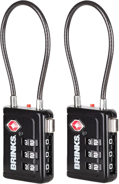 Brinks TSA Accepted Indicator Luggage Lock, Black - Resettable 3-Dial Combination, 2.5 inch Long Cable Shackle, New More Secure TSA008 Key, 2 Pack