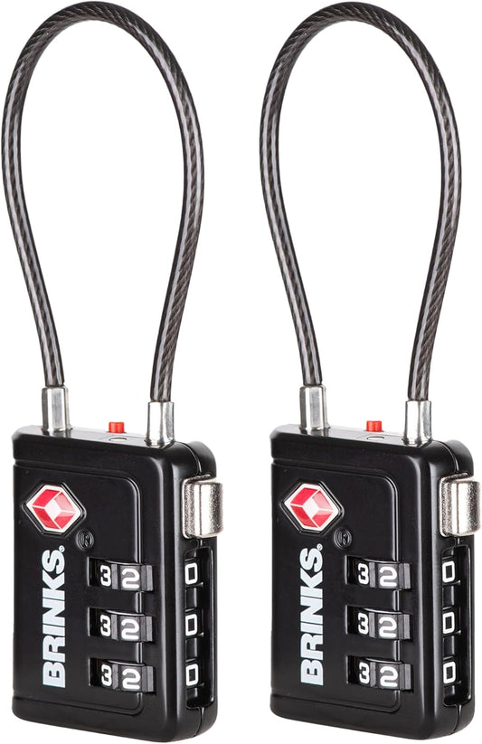 Brinks TSA Accepted Indicator Luggage Lock, Black - Resettable 3-Dial Combination, 2.5 inch Long Cable Shackle, New More Secure TSA008 Key, 2 Pack