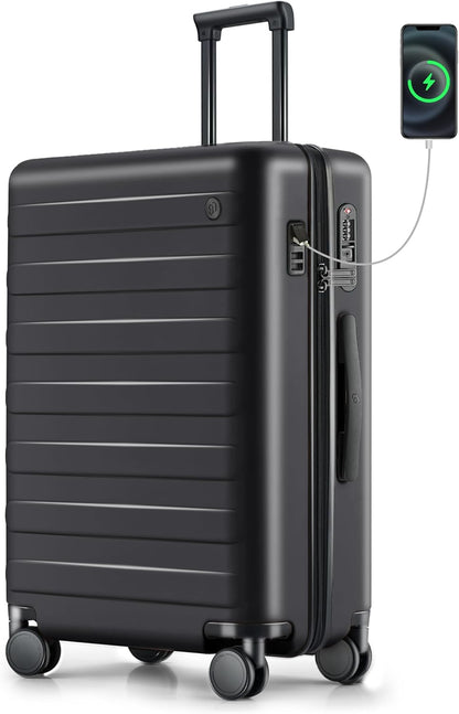 Carry on Luggage 22 X 14 X 9 Airline Approved, 20 Inch Luggage for 3-5 Days Travel, Double Spinner Wheels, 100% Hardshell PC, TSA Lock (11-Pirate Black (USB Port), Checked 24-Inch)