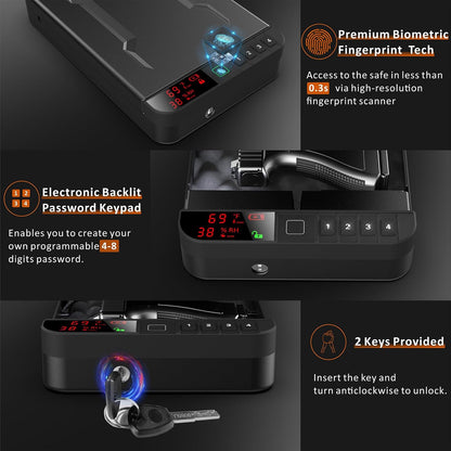 Portable Gun Pistol Safe with LCD Display of Temp,Humidity,Biometric Fingerprint,Keypad Lock,Key,Biometric Handgun Safe for Travel/Home/Car/Nightstand Beside (Black)