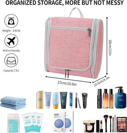 Della Gao Big Capacity Portable Travel Hanging Toiletry Bag Men and Women, Cosmetics Makeup Bag Toiletries Organizer, Water-Resistant Nylon Bathroom Bag, Pink