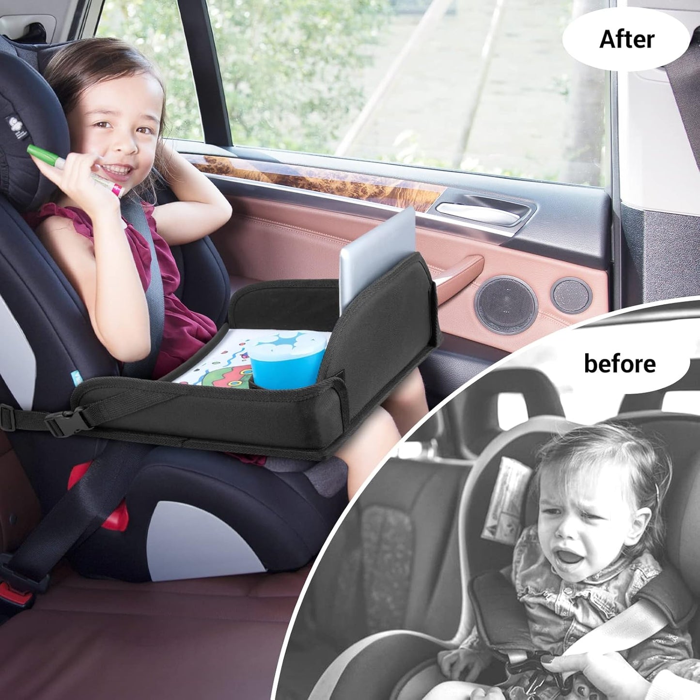 COOLBEBE Kids Travel Tray for Toddler Car Seat, Travel Tray for Airplane, Toddler Car Seat Lap Tray, Carseat Table Tray for Kids Travel Activities (Black-1)