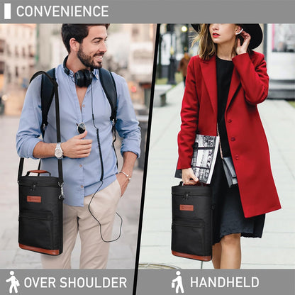 opux Wine Bag 2 Bottle Wine Tote Carrier, Insulated Wine Cooler Bag for Travel Picnic, Leakproof Portable Bottle Padded Case, Wine Gifts For Women Men Wine Lovers Christmas, Black