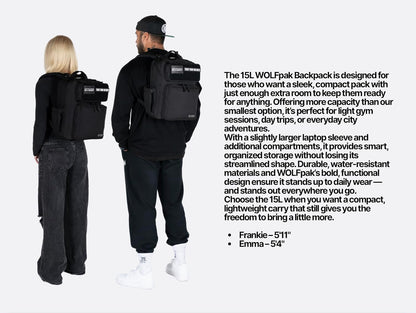 WOLFpak 15L Backpack - Alpha Black White Accents - Slim Everyday Carry Backpack for Men & Women, Water-Resistant Minimalist Daypack for Laptop & Travel