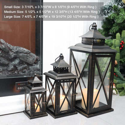 DECORKEY 3PCS (20’’&13’’&9’’) Lanterns Decorative Indoor & Outdoor, Vintage Metal Frame Candle Holders for Front Porch, Patio, Pathway, Balcony, Garden, Yard Decor, Halloween Christmas Decorations