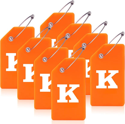 8 Pcs Luggage Tags for Suitcases, 26 Initial Letter Travel Luggage Baggage Identification Labels ID Tags Fully Bendable Tags with Stainless Steel Loop (Letter K, Orange)