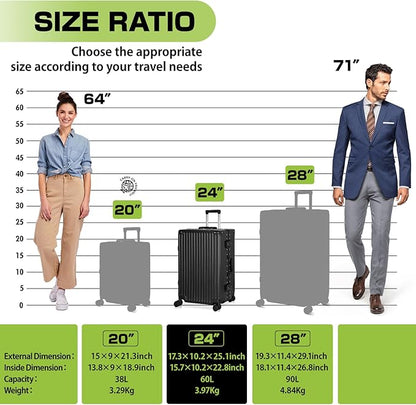 AnyZip Luggage Aluminium Frame Suitcase PC ABS Hard Shell TSA Lock No Zipper 24In Black