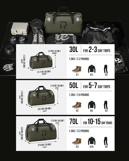 BORLENI Waterproof Motorcycle Dry Duffel Bag Luggage Tail Bag with Large Storage Space,Roll Top Closure, Shoulder Straps, Inner Pocket and Mesh Pocket for Motorcycling Travel Camping (Army Green,50L)