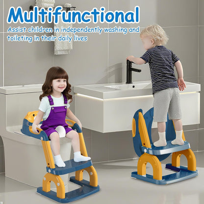 Potty Training Seat for Toddlers - Upgrade 2-in-1 Toilet Seat Toilet Ladder for Kids Children Boys Girls, Anti-Slip Pad & Adjustable Height with Waterproof PVC Cushion - Dark Blue