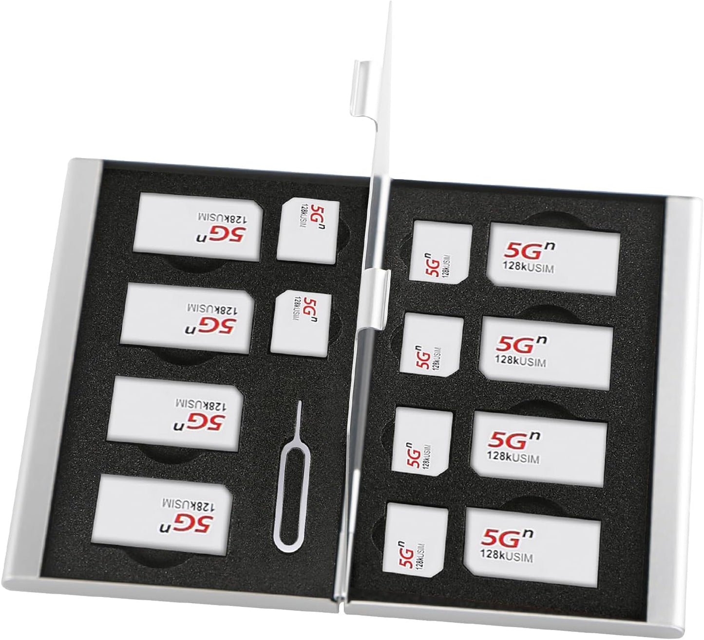 Aluminum SIM Card Case, 15Slots Ultrathin SIM Card Holder, Fit for 8 SIM Card, 6 Micro sim Card, and 1 Cell Phone Eject Pin Slots, Silver