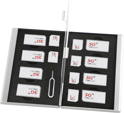 Aluminum SIM Card Case, 15Slots Ultrathin SIM Card Holder, Fit for 8 SIM Card, 6 Micro sim Card, and 1 Cell Phone Eject Pin Slots, Silver