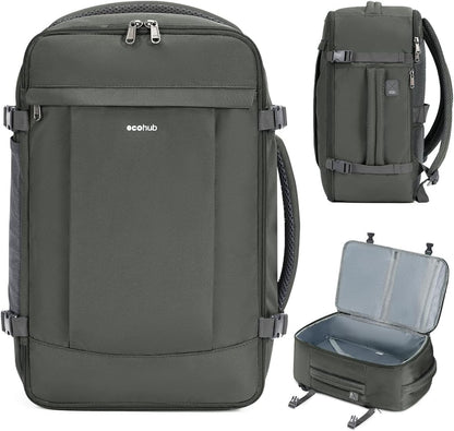 ECOHUB Travel Backpack for Men Women, Carry on Backpack with USB Charging Hole, Spirit Airlines Personal Item Bag Flight Approved, 15.6 Inch Laptop Backpack with Anti Theft Pockets, 30L, Grey Green