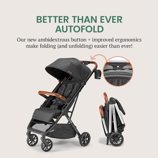 Bombi Bēbee V2 Lightweight Baby Stroller - Premium Vegan Leather, One-Hand Fold, Infinite Recline, Aircraft-Grade Aluminum Frame, XXL Canopy, and Ample Storage Umbrella Stroller - Hickory