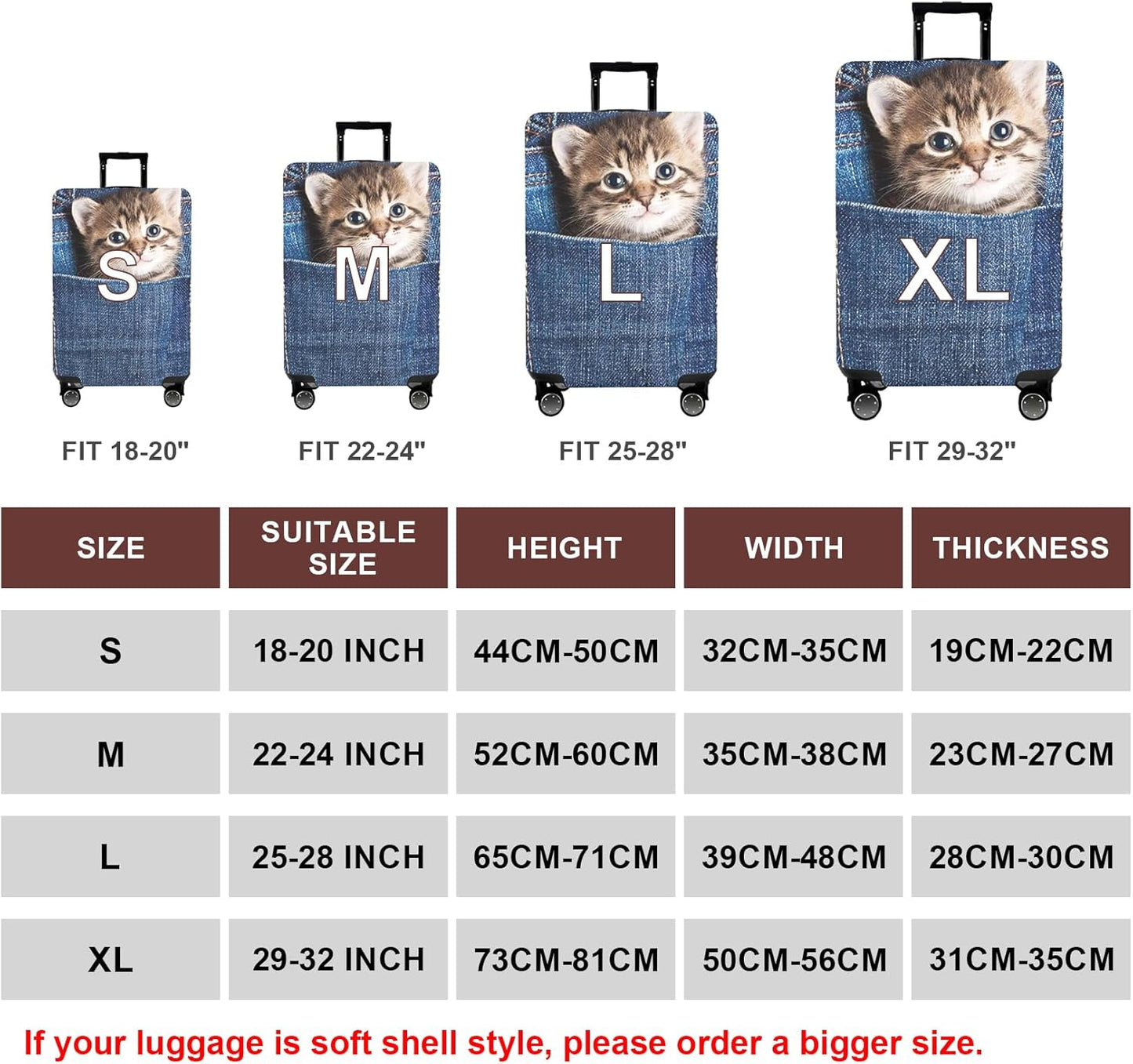 WUJIAONIAO Travel Luggage Cover Baggage Suitcase Cover Protector Skins 18-32 Inch (Cat B, L (for 25-28 inch luggage))
