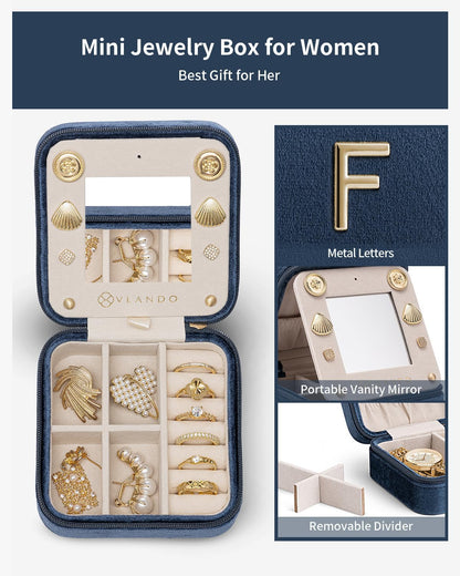 Vlando Jewelry Box for Aunt Gifts from Niece Nephew, Birthday Gifts for Aunt Auntie, Unique Gifts for Aunt Auntie Travel Jewelry Case, Auntie Gifts for Wedding Anniversary - Letter F, Dark Blue