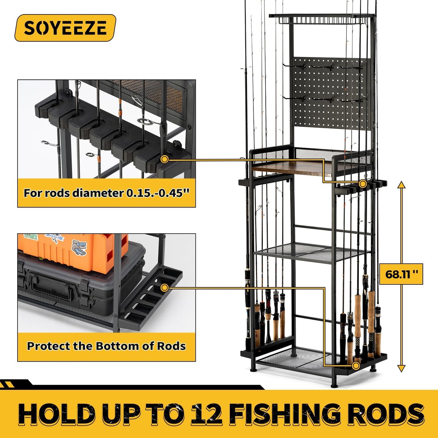 SOYEEZE Fishing Rod Holders for Garage,Fishing Gear Holder for Fishing Rod Tackle Box Storage，Fishing Pole Holders for 12 Rods with Hooks and Pegboard,Fishing Cart with Reel Rack