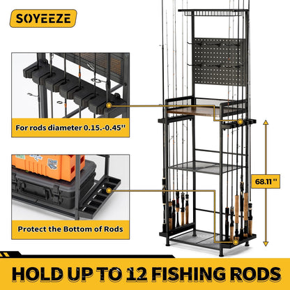 SOYEEZE Fishing Rod Holders for Garage,Fishing Gear Holder for Fishing Rod Tackle Box Storage，Fishing Pole Holders for 12 Rods with Hooks and Pegboard,Fishing Cart with Reel Rack