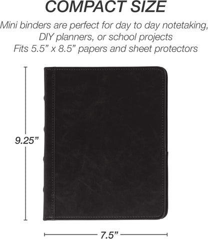 Samsill Vintage Leather Mini 3 Ring Binder 1 Inch Round Ring (Holds 200 Sheets), 5.5 x 8.5 Inch Documents, Professional Organizer, Planner, Notebook, Black