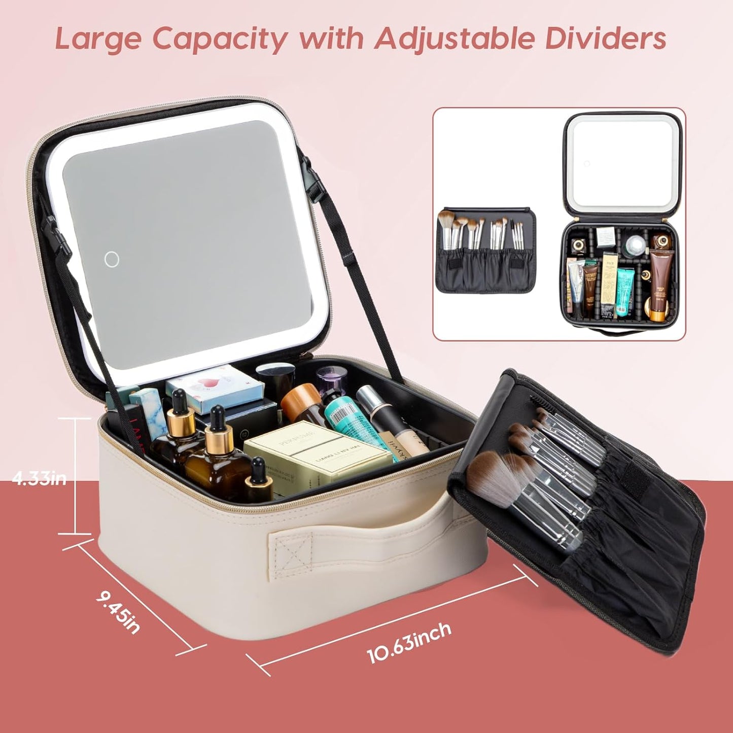 Travel Makeup Bag with LED Mirror – Waterproof Cosmetic Train Case with Adjustable Dividers, Portable Makeup Organizer and Toiletry Bag for Women, Pink Teens & Girls Gift