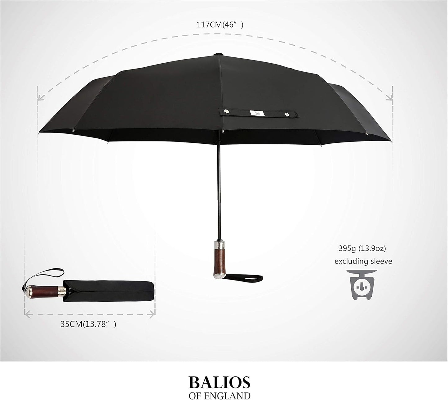 Balios (Designed in UK) Travel Umbrella Luxurious Golden Hardwood Handle Auto Open & Close Windproof Frame Single Canopy Automatic Folding Umbrella Men's & Ladies