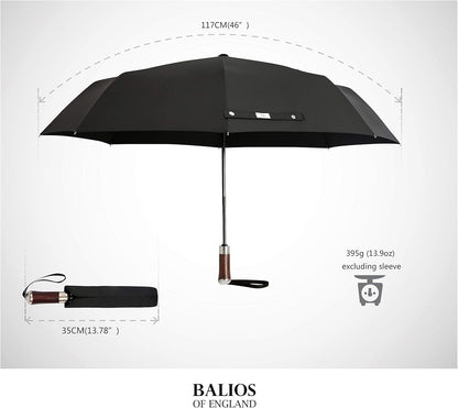 Balios (Designed in UK) Travel Umbrella Luxurious Golden Hardwood Handle Auto Open & Close Windproof Frame Single Canopy Automatic Folding Umbrella Men's & Ladies