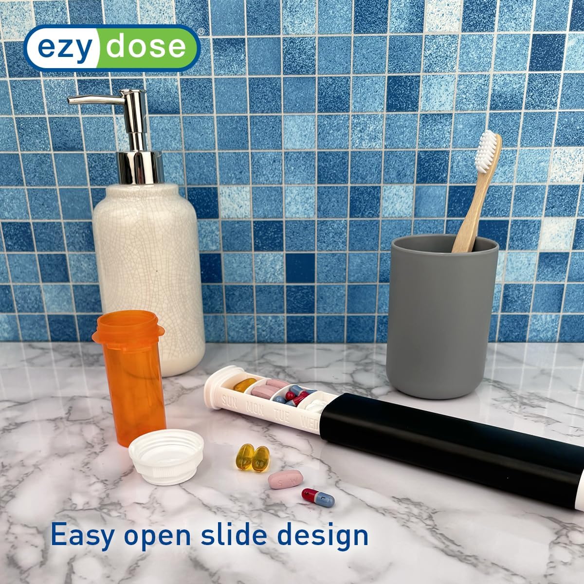 EZY DOSE Slide Pill Organizer, BPA-Free Medication Storage Case with Durable BPA-Free Plastic with Plastic Exterior, Large 7-Day Weekly Compartments, Tablets, Vitamins, Compact, 6.5-Inch, Black
