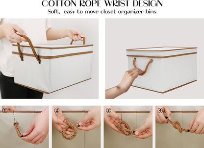 LoforHoney Home Fabric Storage Bins with Lids for Organizing, Foldable Closet Storage Boxes for Shelves, Clothes Baskets with Cotton Rope Handles, Large, Beige & Brown, 4-Pack