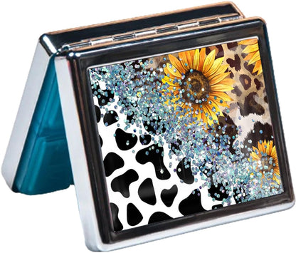 Silver Vintage Pill Box 7 Day Metal Pill Box with Mirror and 8 Compartments Cute Travel Pill Organizer for Purse (Cow Sunflower Leopard)