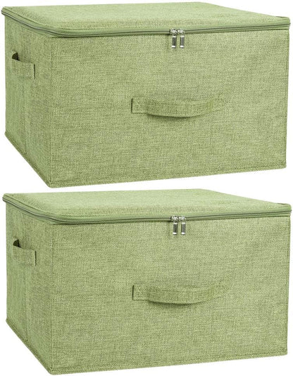 ANMINY 2PCS Storage Bins with Zipper Lids 36 Qt Lidded Fabric Storage Boxes Baskets Cubes with Handles Collapsible Washable Cotton Linen Closet Shelf Clothes Organizer Containers - Green, Large